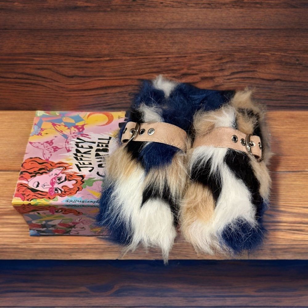 Jeffrey Campbell Rlxathome Faux Fur Mule Slide Slipper in Beige Blue Combo - Picture 7 of 16